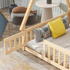 Full Size Tent-shaped Floor Bed with Guardrails, Slats, and Door