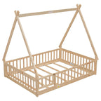 Full Size Tent-shaped Floor Bed with Guardrails, Slats, and Door