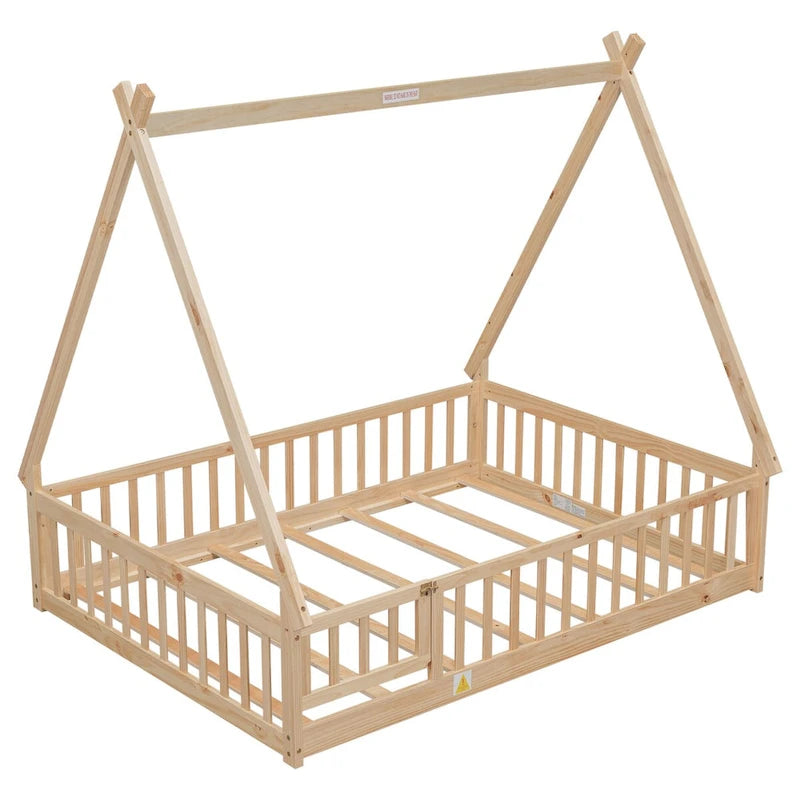 Full Size Tent-shaped Floor Bed with Guardrails, Slats, and Door