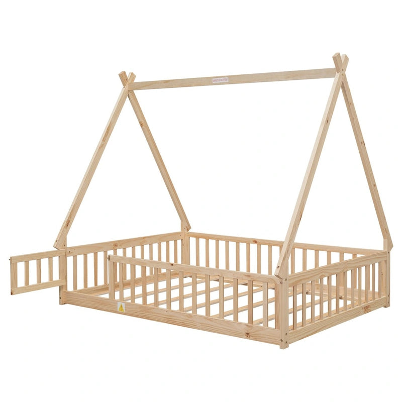 Full Size Tent-shaped Floor Bed with Guardrails, Slats, and Door