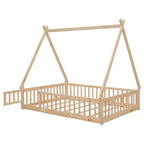 Full Size Tent-shaped Floor Bed with Guardrails, Slats, and Door