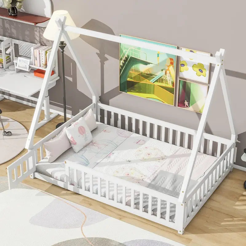 Full Size Tent-shaped Floor Bed with Guardrails, Slats, and Door