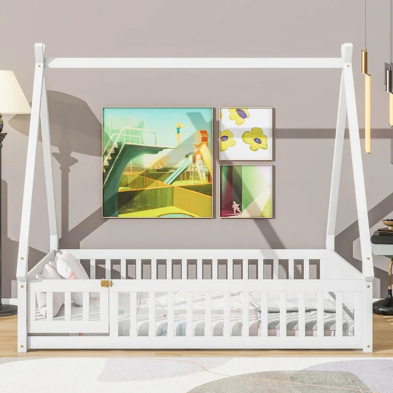 Full Size Tent-shaped Floor Bed with Guardrails, Slats, and Door