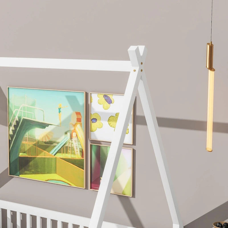 Full Size Tent-shaped Floor Bed with Guardrails, Slats, and Door