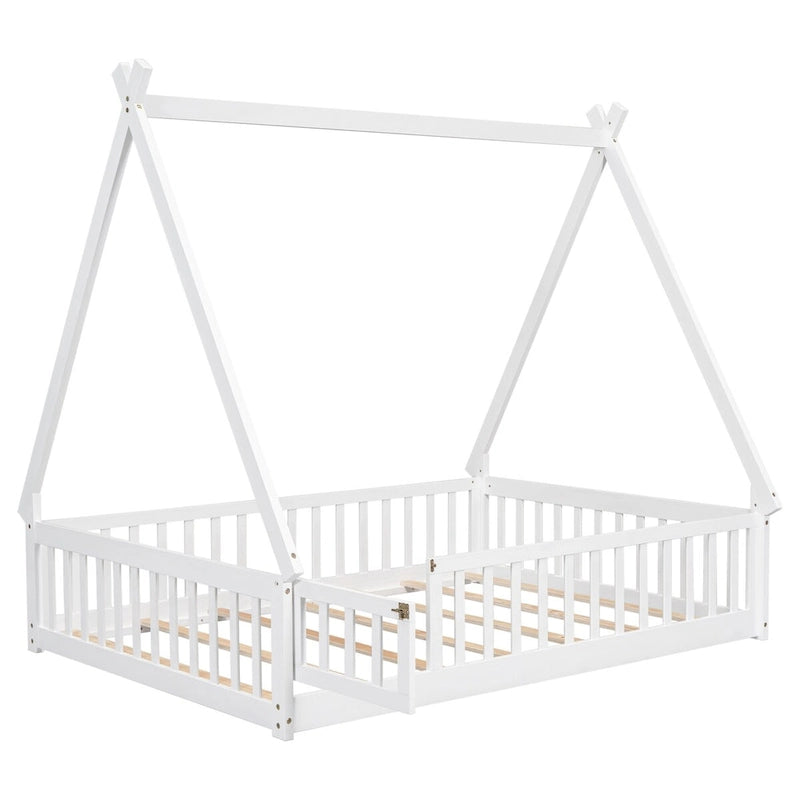Full Size Tent-shaped Floor Bed with Guardrails, Slats, and Door