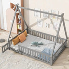 Full Size Tent-shaped Floor Bed with Guardrails, Slats, and Door