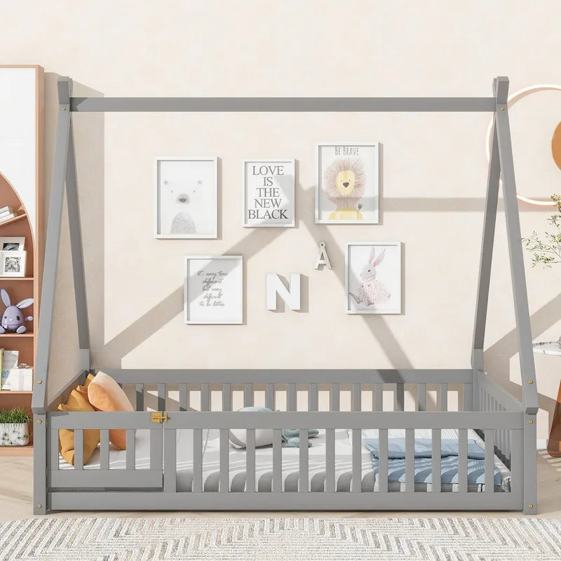 Full Size Tent-shaped Floor Bed with Guardrails, Slats, and Door