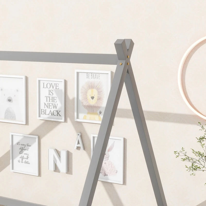 Full Size Tent-shaped Floor Bed with Guardrails, Slats, and Door