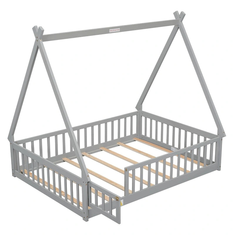 Full Size Tent-shaped Floor Bed with Guardrails, Slats, and Door