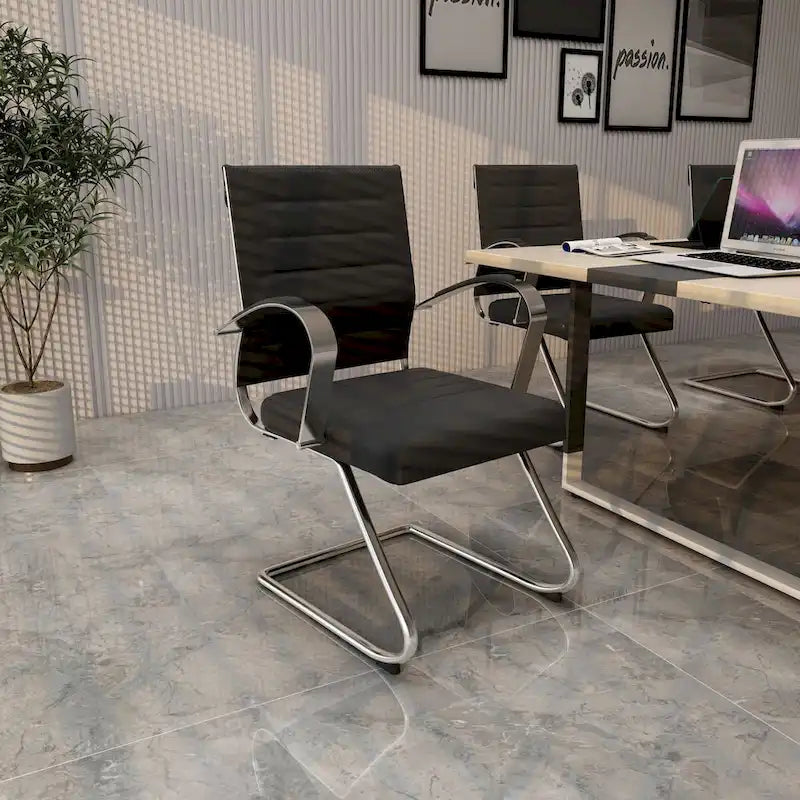 Leather Office Chair with Stainless Steel Sled Base Benmar Series by LeisureMod