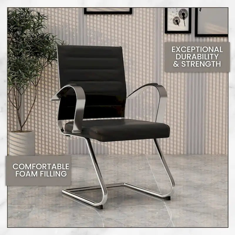 Leather Office Chair with Stainless Steel Sled Base Benmar Series by LeisureMod