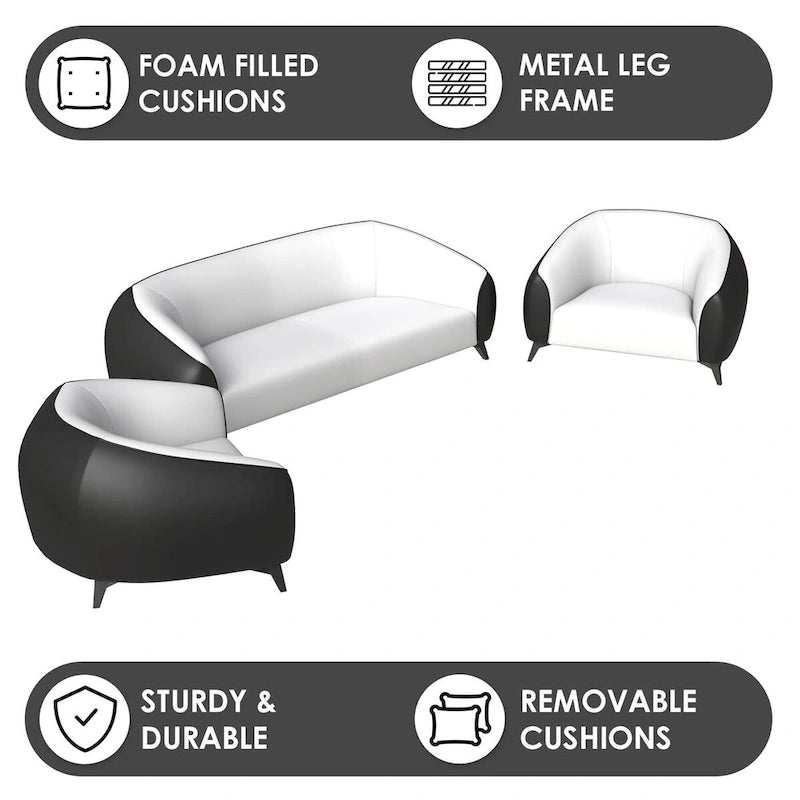 3-Piece Sofa Set Upholstered PU Leather with Solid Wood Frame and Steel Legs Opula Series by LeisureMod