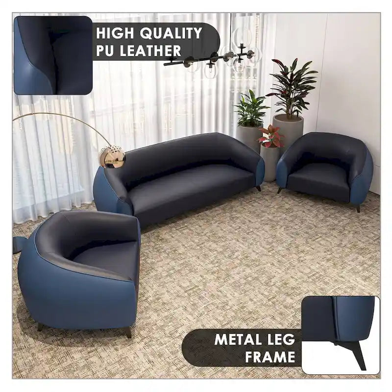 3-Piece Sofa Set Upholstered PU Leather with Solid Wood Frame and Steel Legs Opula Series by LeisureMod