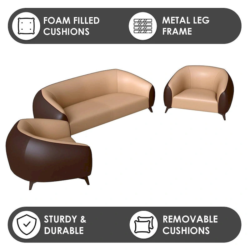 3-Piece Sofa Set Upholstered PU Leather with Solid Wood Frame and Steel Legs Opula Series by LeisureMod