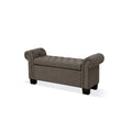 54 Inch Storage Bench, Polyester Linen, Rolled Arms, Tufted, Smooth Gray