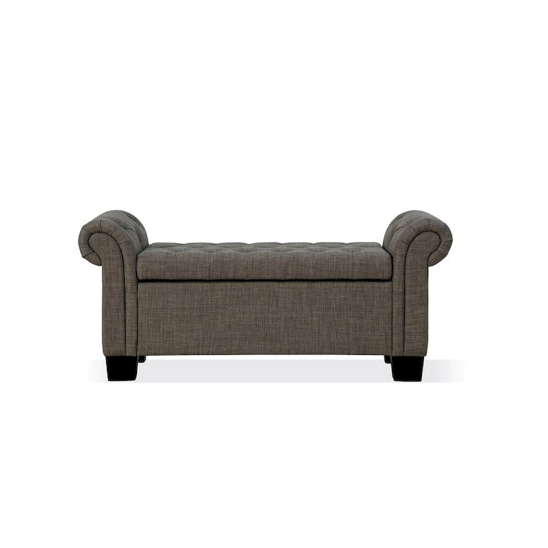 54 Inch Storage Bench, Polyester Linen, Rolled Arms, Tufted, Smooth Gray