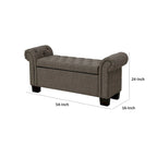 54 Inch Storage Bench, Polyester Linen, Rolled Arms, Tufted, Smooth Gray