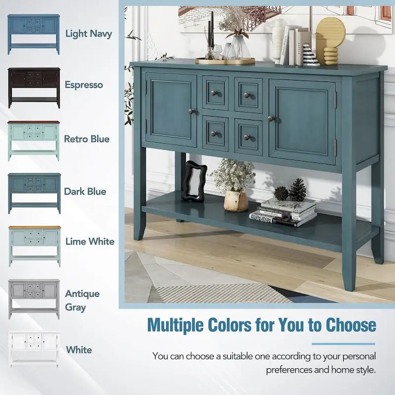 Vintage Console Table with Four Small Drawers and Bottom Shelf