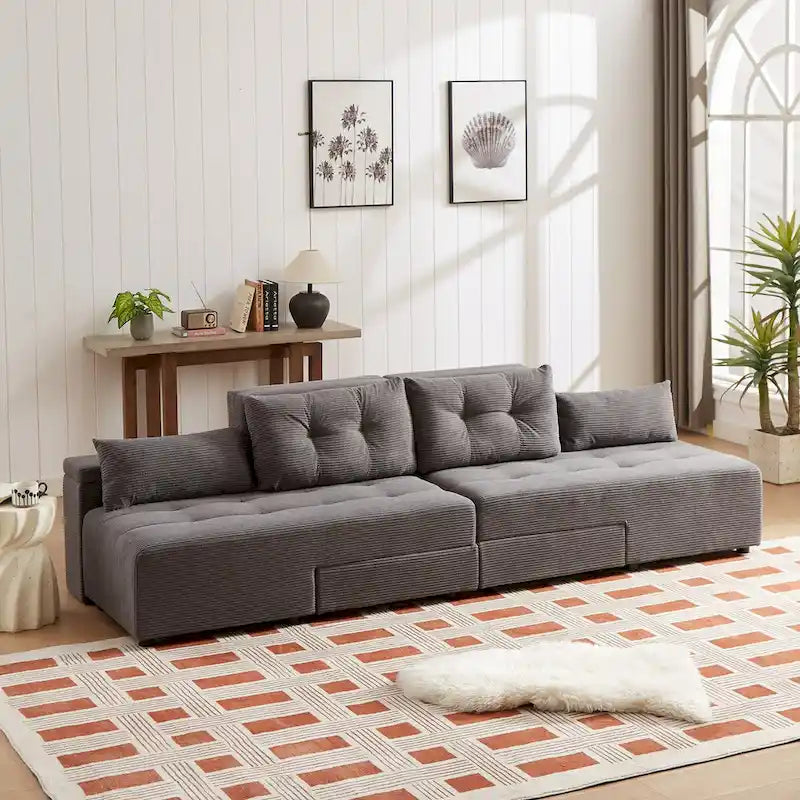 Modular Corduroy Sleeper Sofa & Sectional Set,Grey, 3-in-1 Design