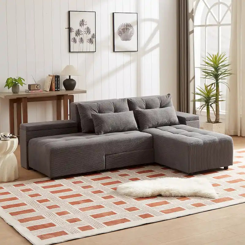 Modular Corduroy Sleeper Sofa & Sectional Set,Grey, 3-in-1 Design