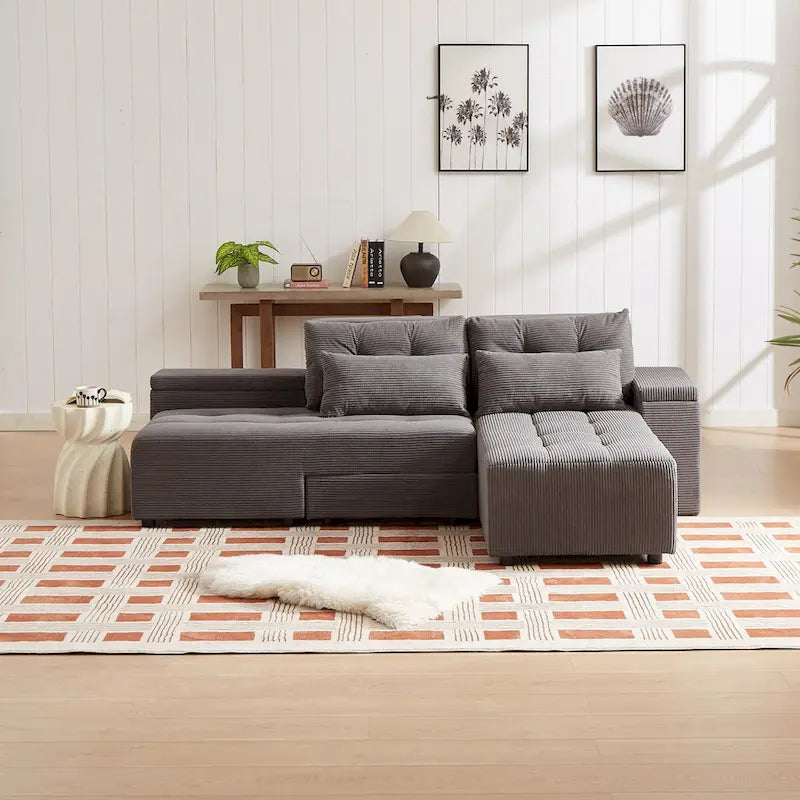 Modular Corduroy Sleeper Sofa & Sectional Set,Grey, 3-in-1 Design