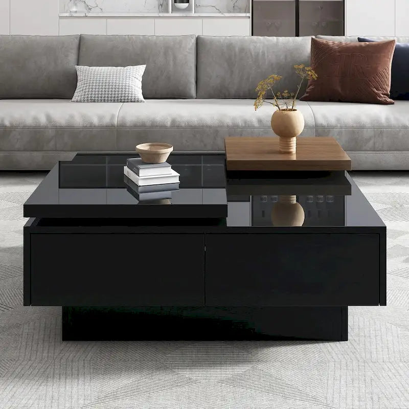 Modern Square Wood Coffee Table with Movable Top and 4 Hidden Storage Drawers
