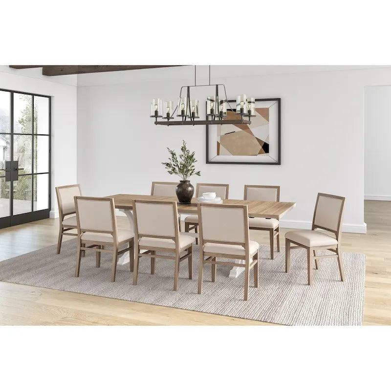 Modern Wood Rectangular Trestle Base Kitchen Dining Table and Eight Chairs, Brown