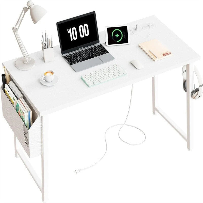 39 inch White Computer Desk with Power Outlet