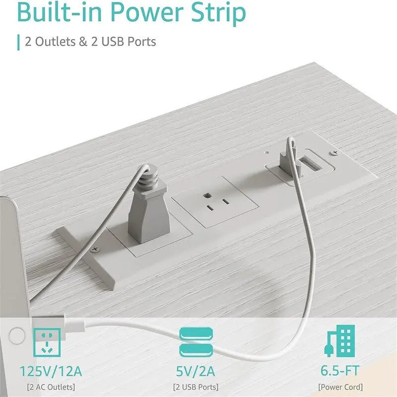 39 inch White Computer Desk with Power Outlet