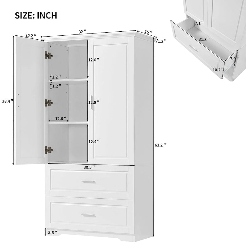 Tall Bathroom Storage Cabinet with 2 Doors, 2 Drawers & Adjustable Shelf