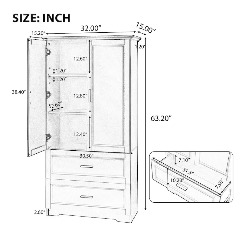 Tall Bathroom Storage Cabinet with 2 Doors, 2 Drawers & Adjustable Shelf