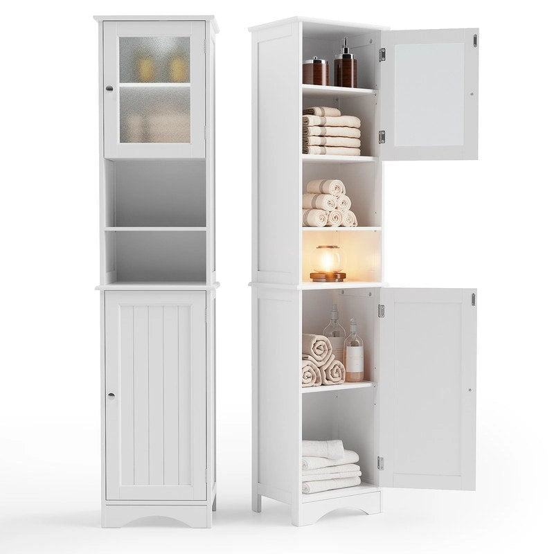 Freestanding Narrow Tall Bathroom Storage Cabinet with Adjustable Shelves, Door and Open Shelves