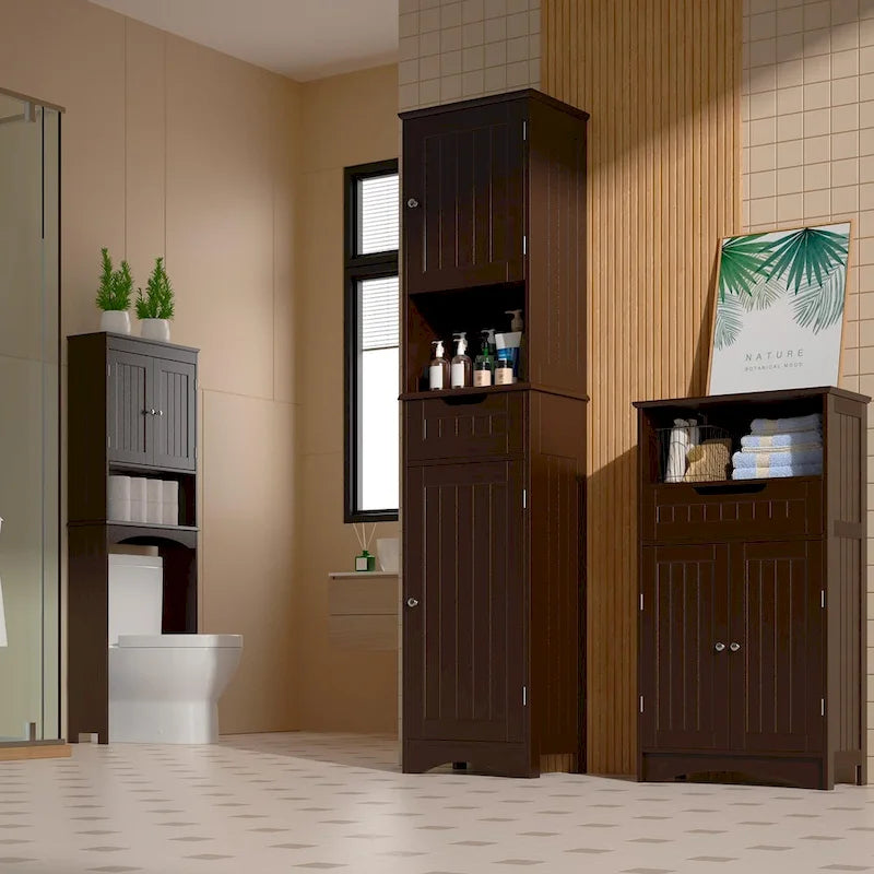 Freestanding Narrow Tall Bathroom Storage Cabinet with Adjustable Shelves, Door and Open Shelves