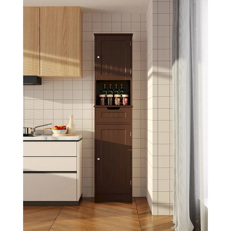 Freestanding Narrow Tall Bathroom Storage Cabinet with Adjustable Shelves, Door and Open Shelves