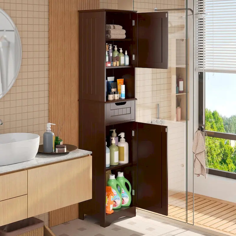 Freestanding Narrow Tall Bathroom Storage Cabinet with Adjustable Shelves, Door and Open Shelves
