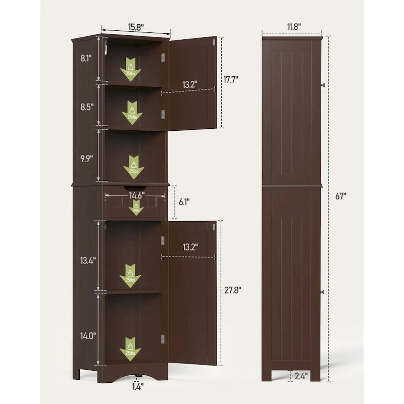 Freestanding Narrow Tall Bathroom Storage Cabinet with Adjustable Shelves, Door and Open Shelves