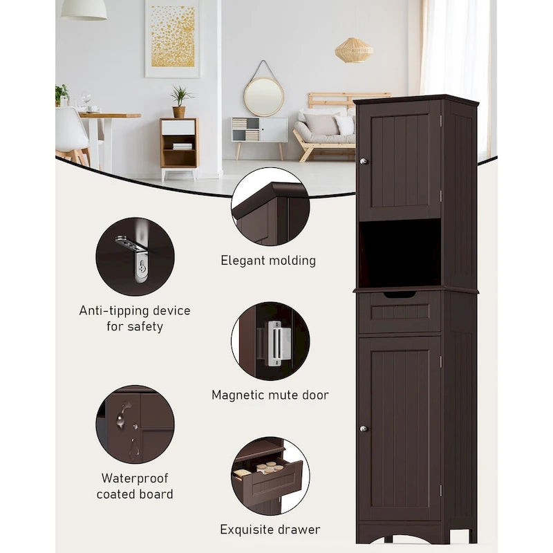 Freestanding Narrow Tall Bathroom Storage Cabinet with Adjustable Shelves, Door and Open Shelves
