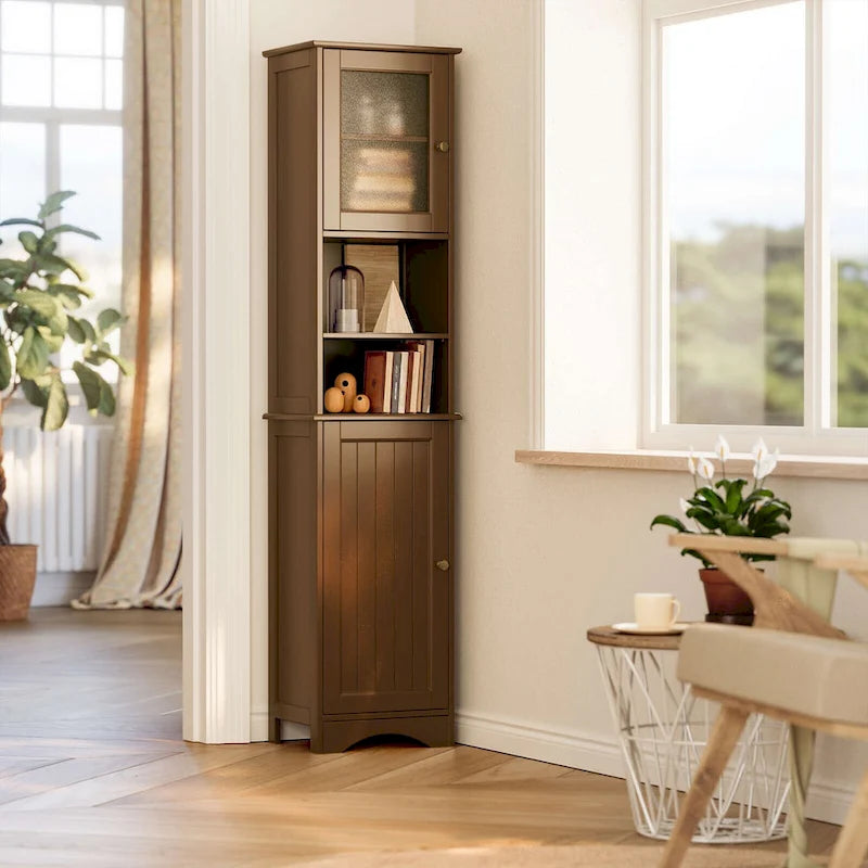 Freestanding Narrow Tall Bathroom Storage Cabinet with Adjustable Shelves, Door and Open Shelves