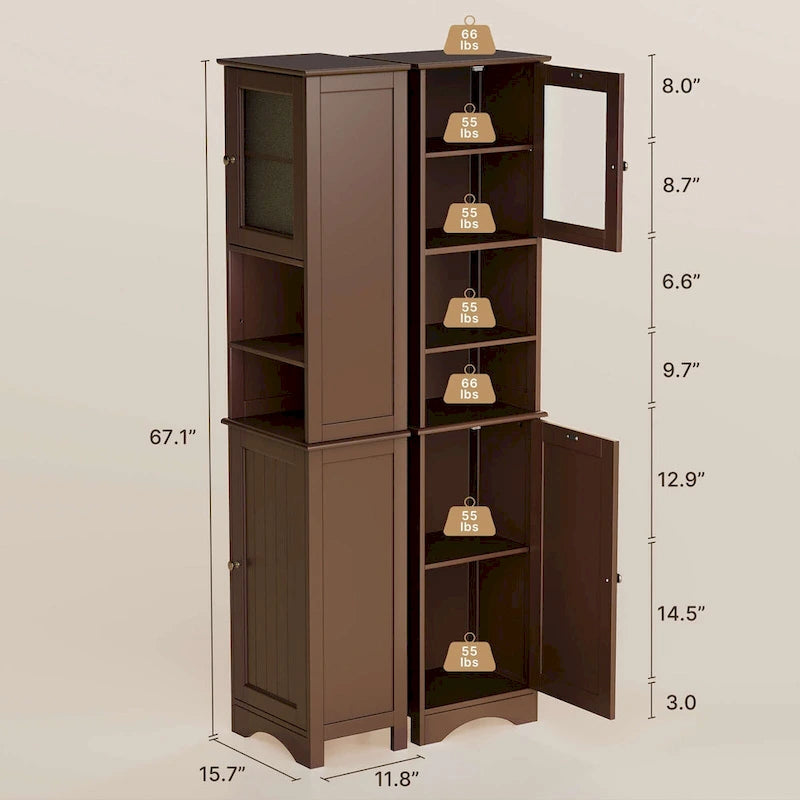 Freestanding Narrow Tall Bathroom Storage Cabinet with Adjustable Shelves, Door and Open Shelves