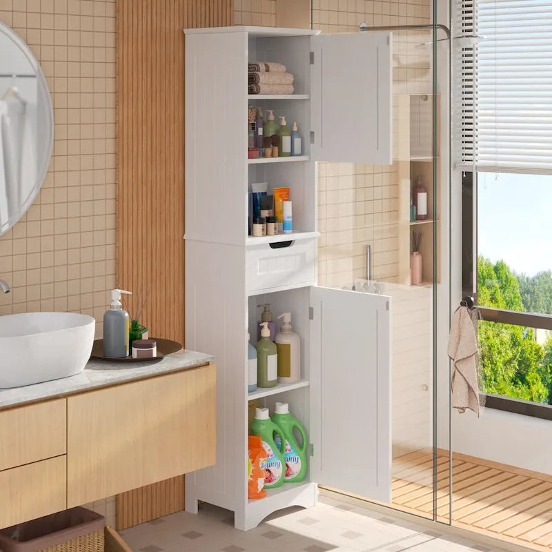 Freestanding Narrow Tall Bathroom Storage Cabinet with Adjustable Shelves, Door and Open Shelves