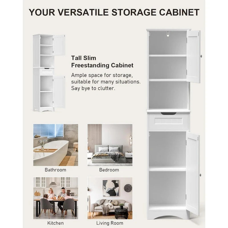 Freestanding Narrow Tall Bathroom Storage Cabinet with Adjustable Shelves, Door and Open Shelves