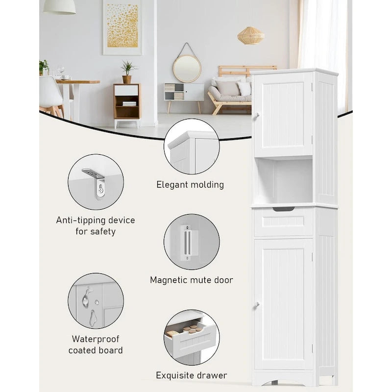 Freestanding Narrow Tall Bathroom Storage Cabinet with Adjustable Shelves, Door and Open Shelves