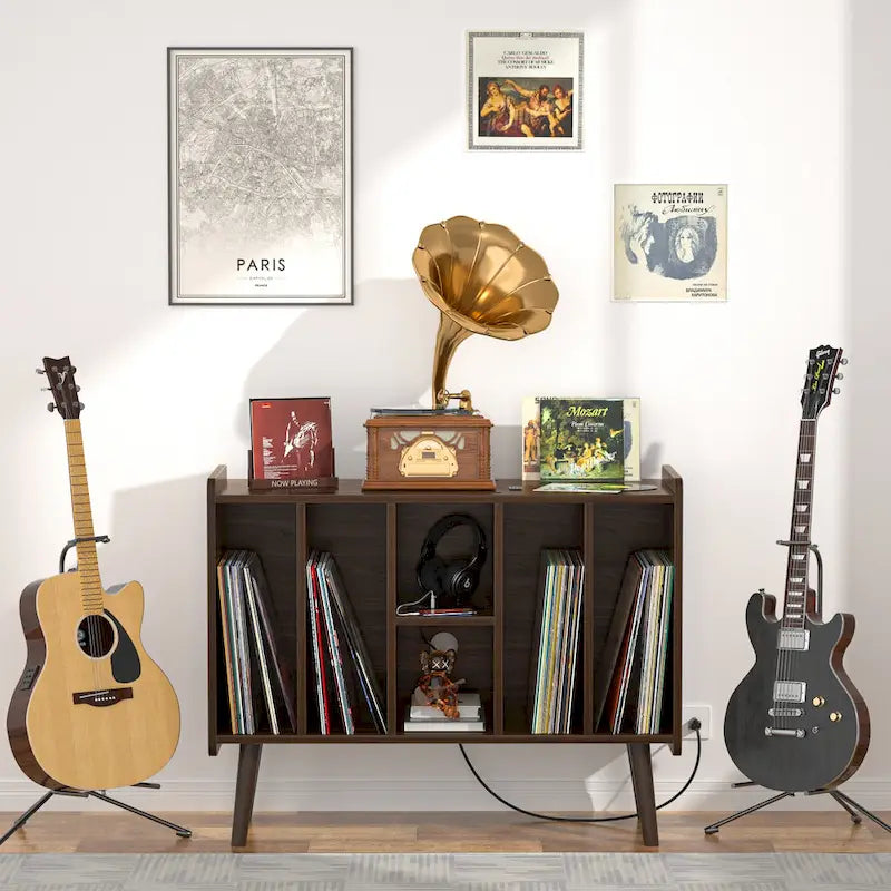 Record Player Stand with Power Outlet and USB Ports, Vinyl Record Storage Table,Vinyl Holder Display Shelf