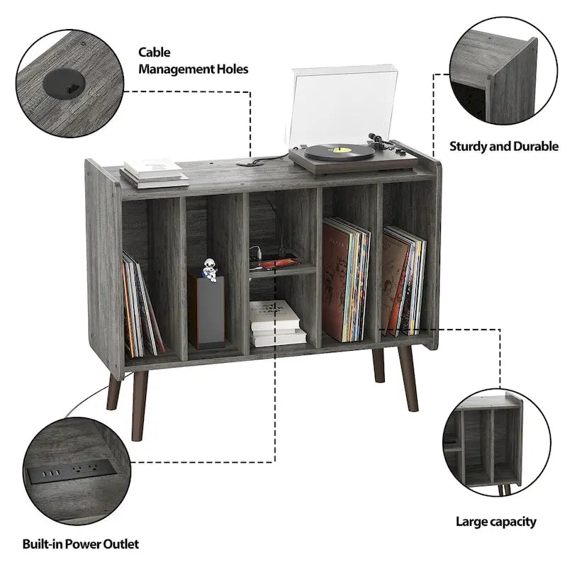 Record Player Stand with Power Outlet and USB Ports, Vinyl Record Storage Table,Vinyl Holder Display Shelf