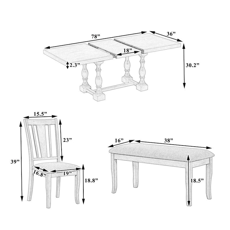6-Piece 78 Trestle Extendable Dining Table Set w/Dining Chairs &Bench