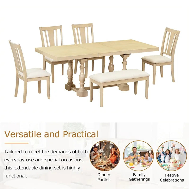6-Piece 78 Trestle Extendable Dining Table Set w/Dining Chairs &Bench