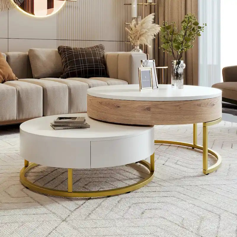Modern Round Lift-top Nesting Coffee Tables with 2 Drawers White & Black