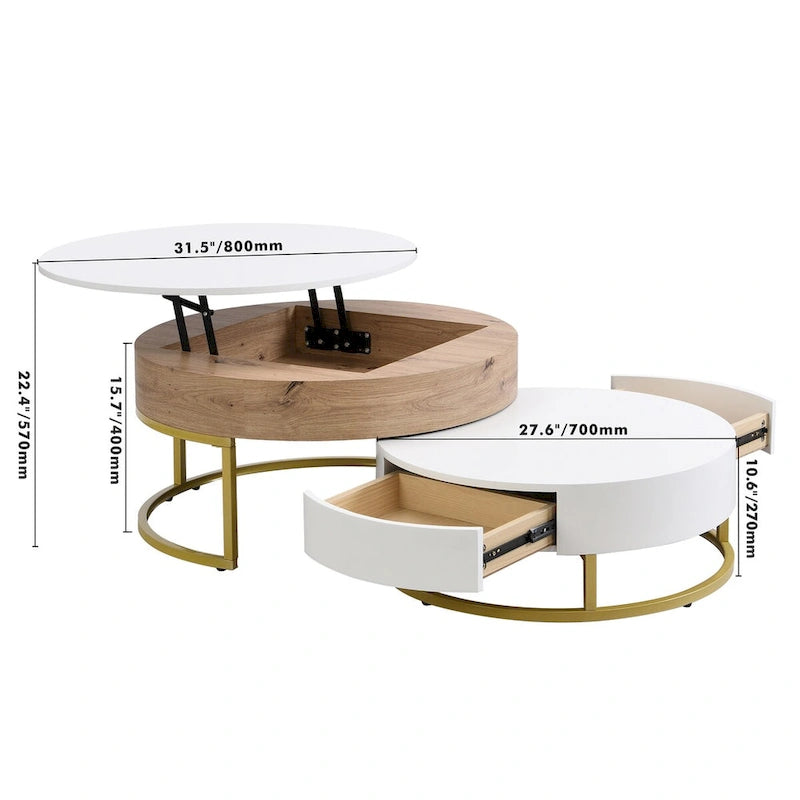 Modern Round Lift-top Nesting Coffee Tables with 2 Drawers White & Black