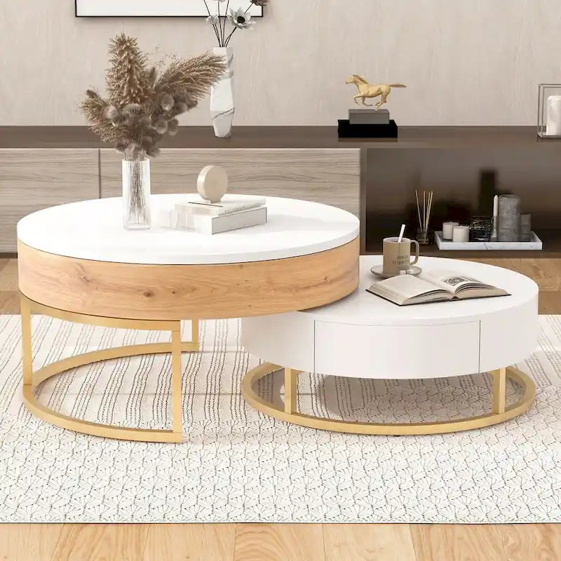 Modern Round Lift-top Nesting Coffee Tables with 2 Drawers White & Black
