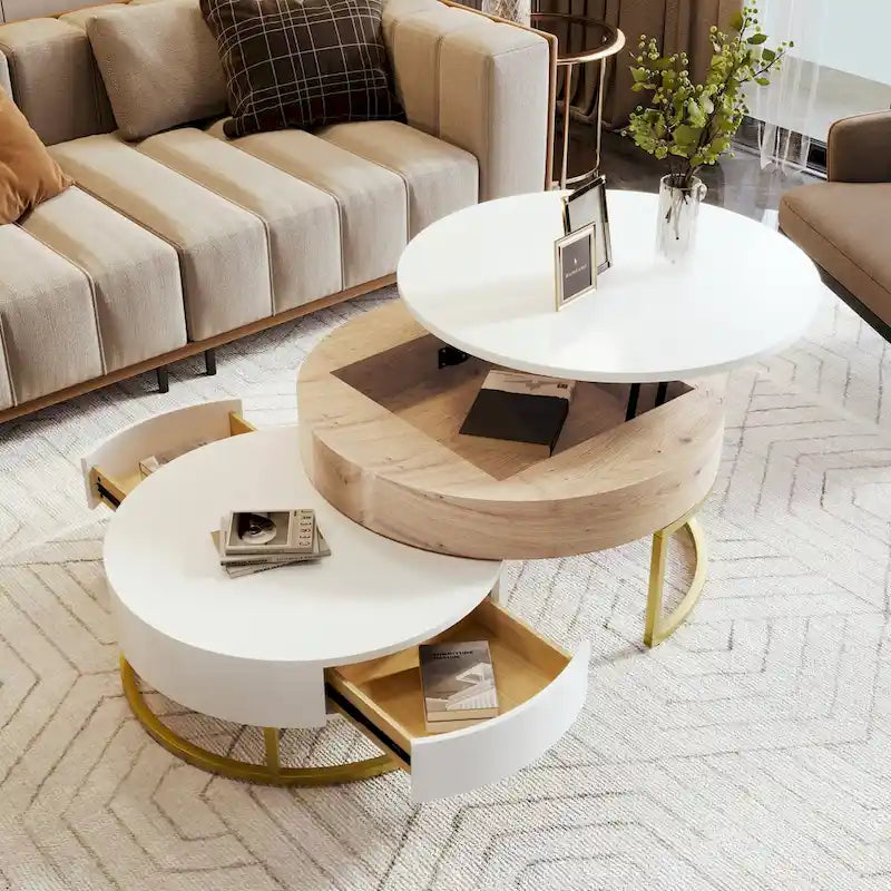 Modern Round Lift-top Nesting Coffee Tables with 2 Drawers White & Black